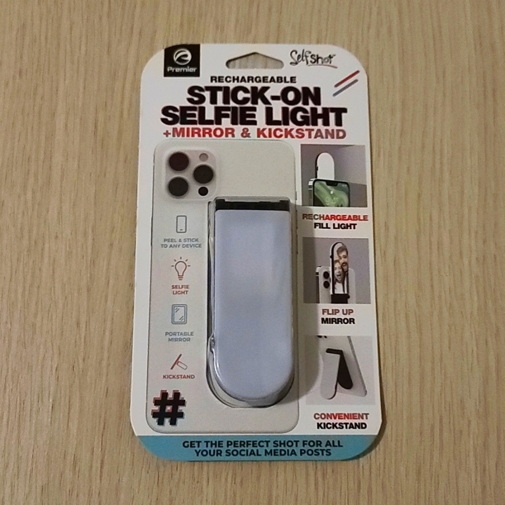 Stick-on selfie light + mirror & kickstand